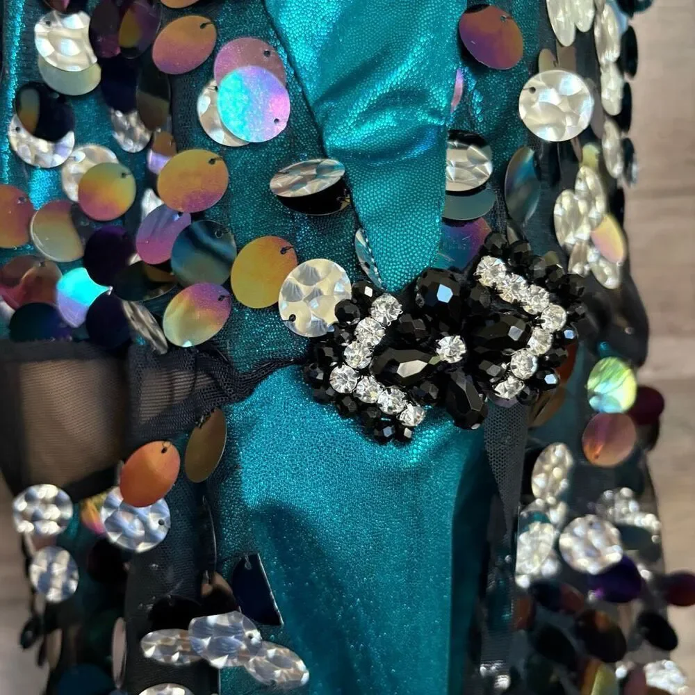 A Wish Come True 21658X XLC Teal Blue Metallic Black Mesh Silver Dance Costume